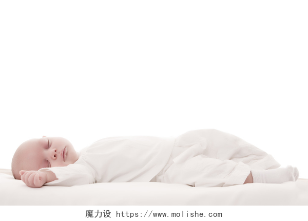 白色背景下穿白色衣服的睡觉的婴儿睡着的孩子